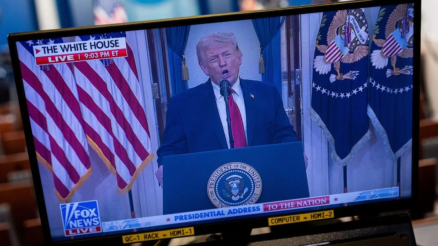 President Donald Trump is seen speaking about the Iran war on a television screen in the James Brady Press Briefing Room of the White House, Wednesday, April 1, 2026, in Washington.