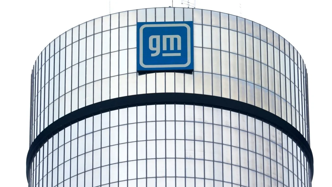 The General Motors logo is displayed at its headquarters in Detroit on April 24, 2024.