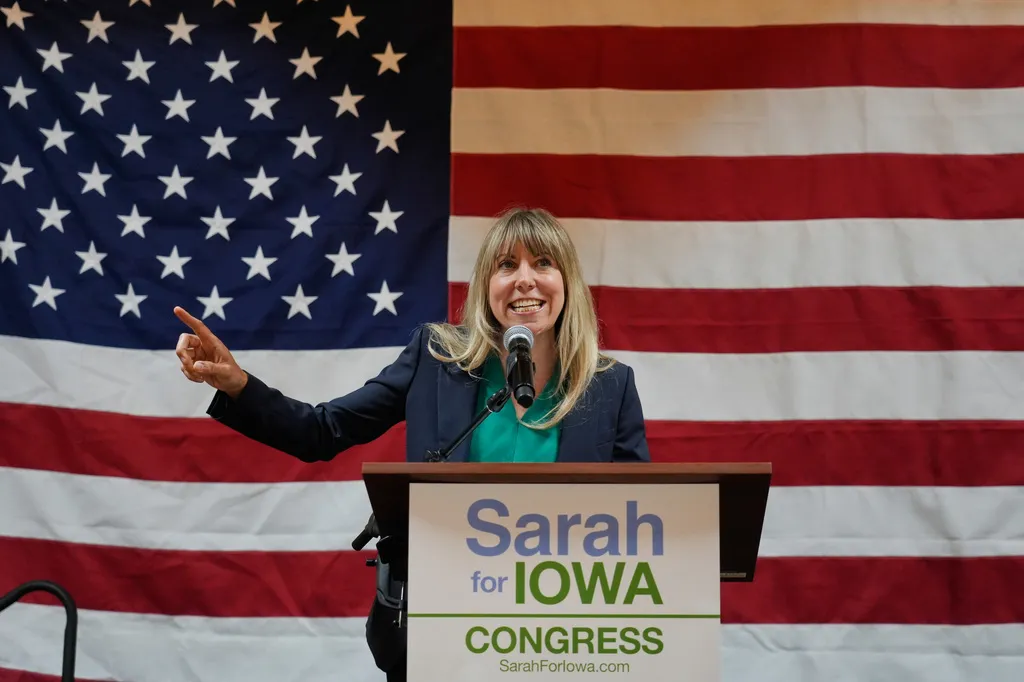 Iowa Democratic congressional candidate Sarah Trone Garriott speaks during a primary election night watch party for Iowa state Rep. Josh Turek, a Democratic candidate for U.S. Senate, Tuesday, June 2, 2026, in Des Moines, Iowa. (AP Photo/Bryon Houlgrave)