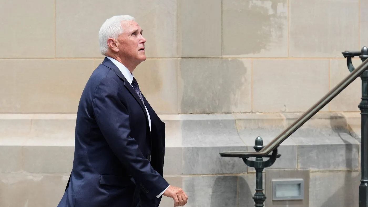Former Vice President Mike Pence arrives at a funeral service for the late Sen. Lindsey Graham (R-S.C.) at the Washington National Cathedral on July 28, 2026, in Washington.