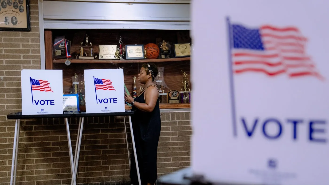 A person votes in the primary election at Northwestern High School in Detroit, Tuesday, Aug. 4, 2026. (AP Photo/Nic Antaya)