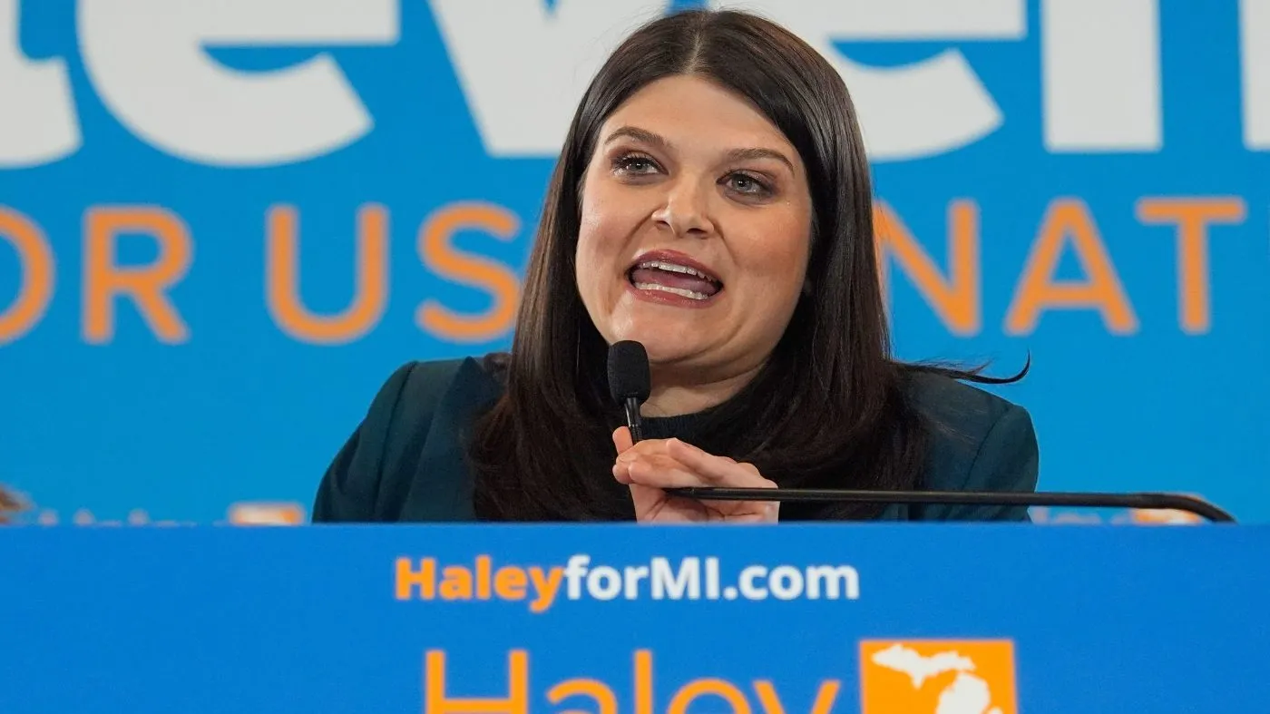 Rep. Haley Stevens (D-Mich.), a candidate in the Democratic primary for U.S. Senate in Michigan, speaks to supporters on election night, Aug. 4, 2026, in Detroit.