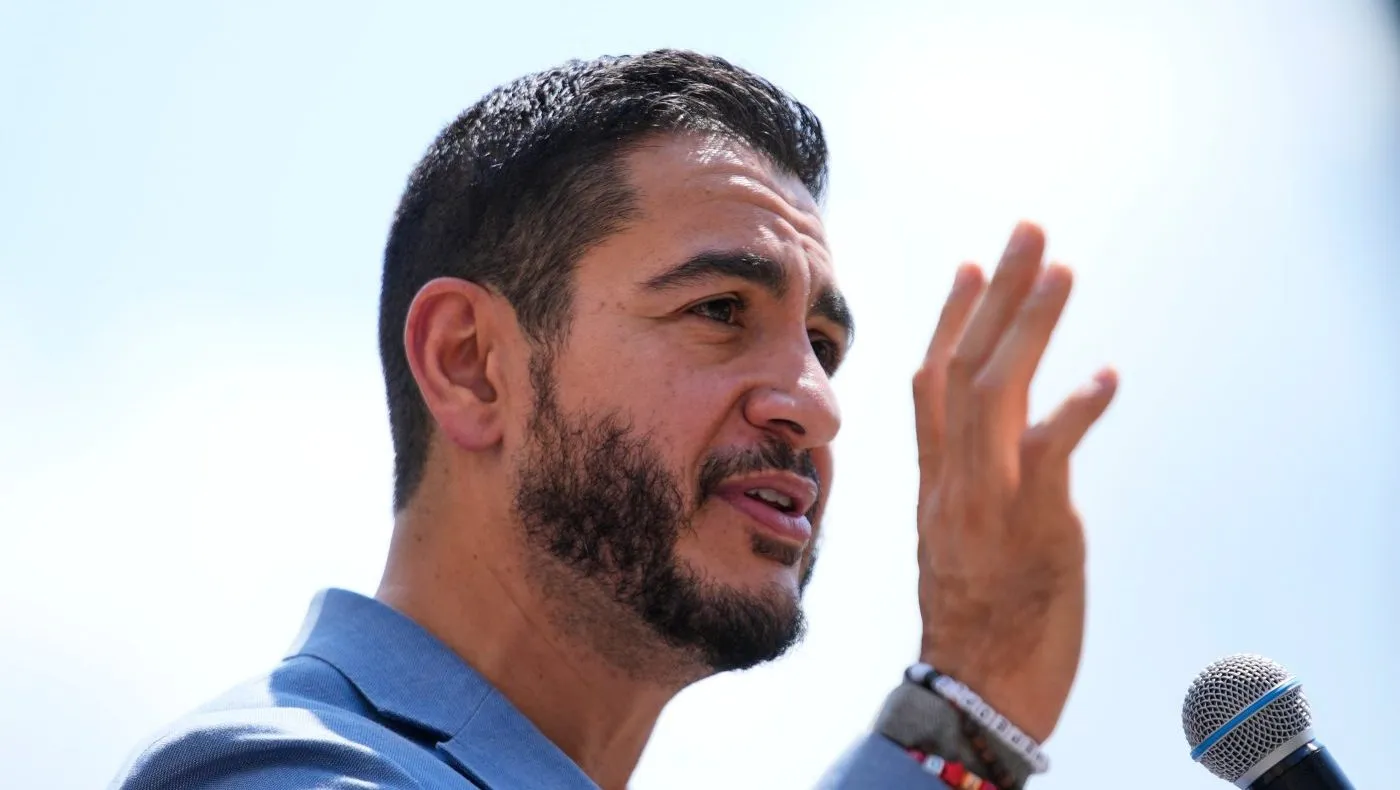 Democratic nominee for U.S. Senate Abdul El-Sayed speaks at a news conference at the base of the Spirit of Detroit monument in Detroit, Wednesday, Aug. 19, 2026. (AP Photo/Paul Sancya)