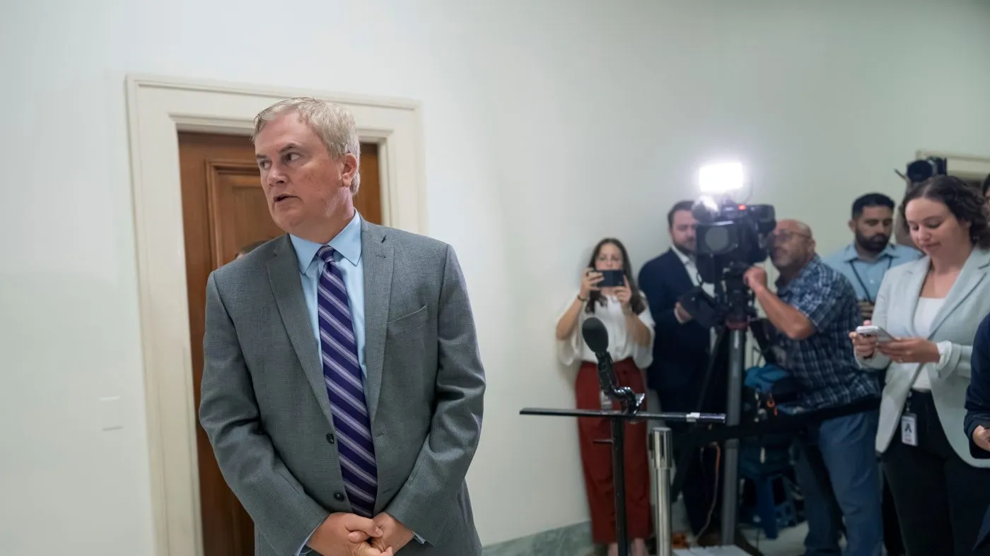 Rep. James Comer (R-Ky.), chair of the House Oversight Committee, speaks to reporters after Leon Black, a billionaire with close ties to deceased convicted sex offender Jeffrey Epstein, refused to appear as a witness in the panel’s investigation, on Capitol Hill in Washington, on Sept. 3, 2026.