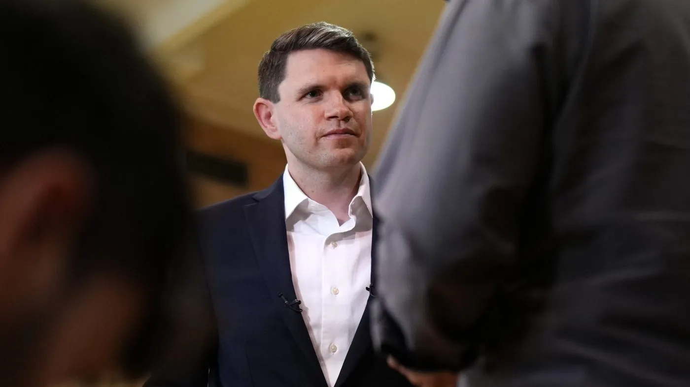 Democratic U.S. Senate candidate Texas state Rep. James Talarico speaks during a television interview at a food drive at the Frederick Douglass Human Services and Justice Center, Wednesday, Sept. 9, 2026, in Dallas. (AP Photo/Julia Demaree Nikhinson)