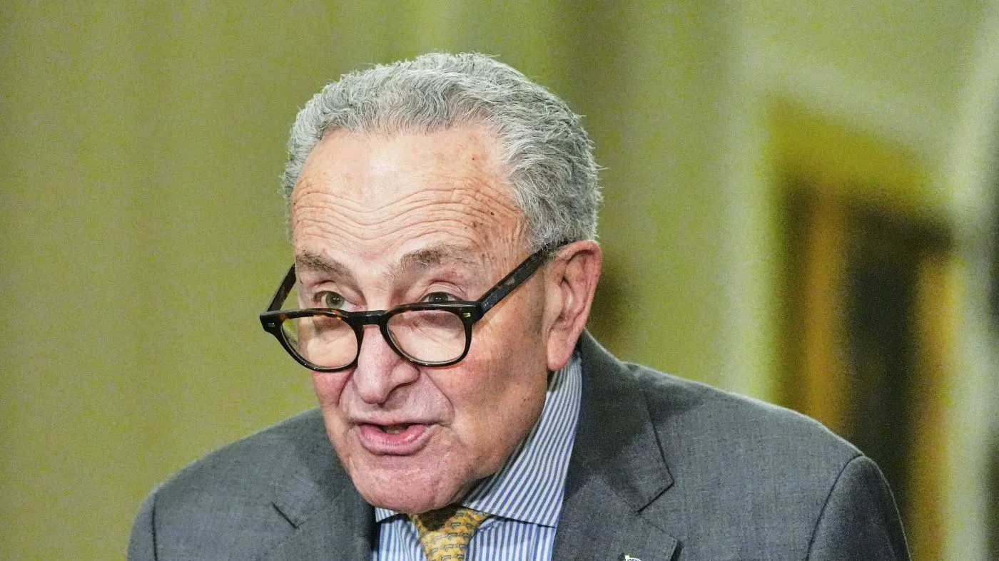 Senate Minority Leader Chuck Schumer, D-N.Y., speaks during a news conference after a policy luncheon on Capitol Hill, Wednesday, Sept. 23, 2026, in Washington. (AP Photo/Mariam Zuhaib)
