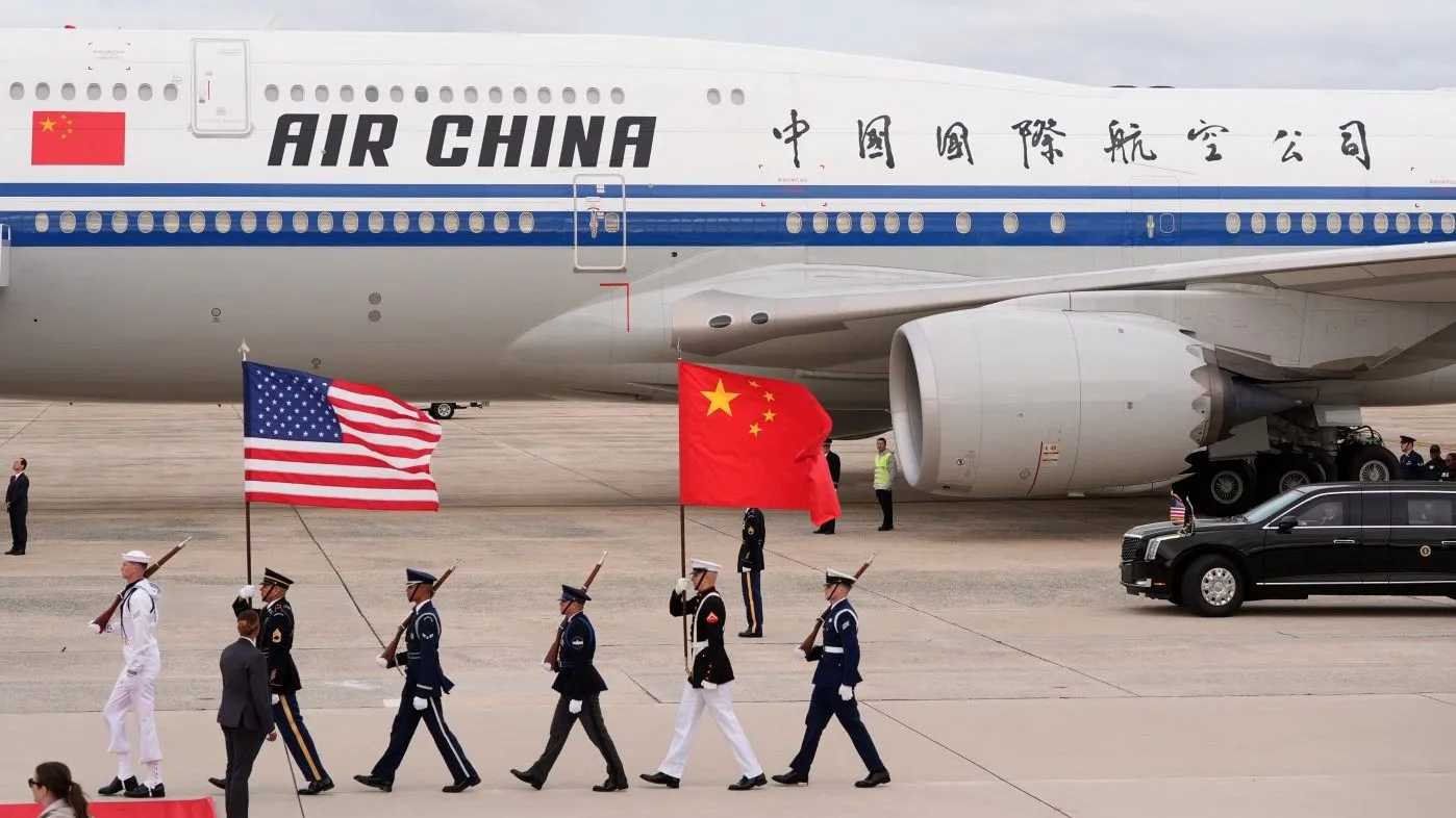 Flags are marched in as an Air China airplane with Chinese President Xi Jinping and his wife Peng Liyuan aboard, arrives at Joint Base Andrews, Md., Wednesday, Sept. 23, 2026.