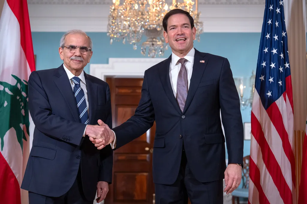 Secretary of State Marco Rubio, right, shakes hands with Lebanon’s Prime Minister Nawaf Salam at the State Department, Monday, Sept. 28, 2026, in Washington. (AP Photo/Mark Schiefelbein)