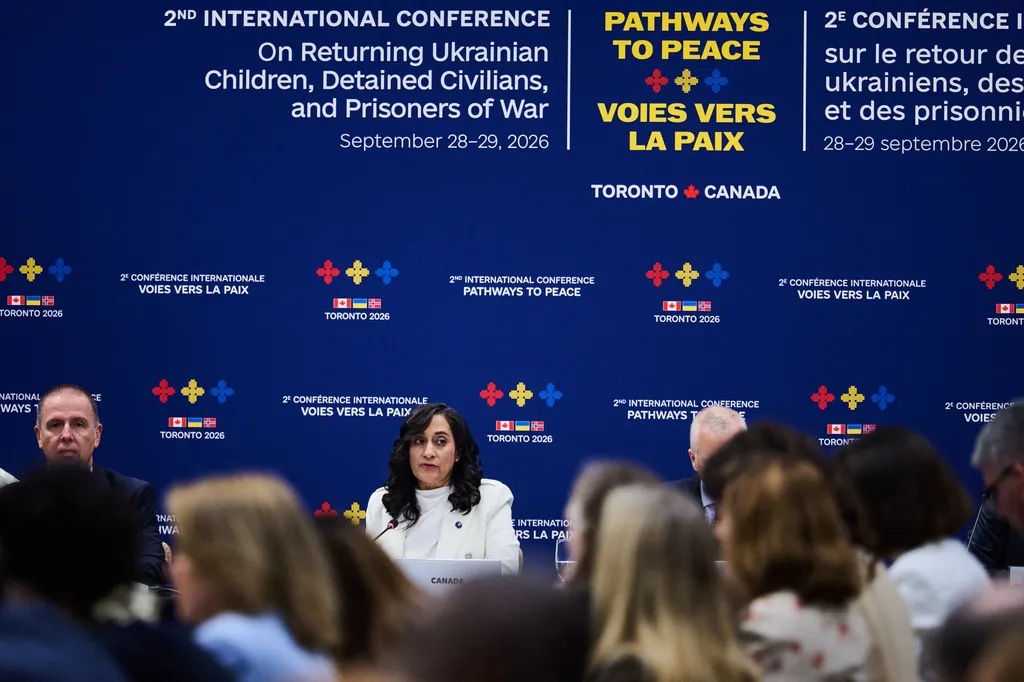 Canada Minister of Foreign Affairs Anita Anand speaks at the Pathways to Peace conference on the return of Ukrainian children held by Russian officials in Toronto, on Monday, Sept. 28, 2026. (Sammy Kogan/The Canadian Press via AP)