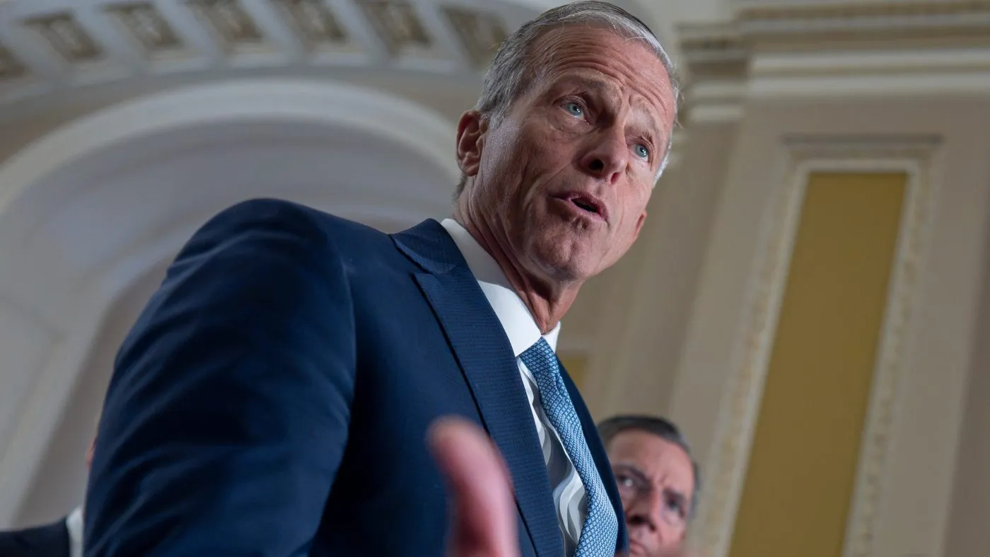 Senate Majority Leader John Thune, R-S.D., meets with reporters after a closed-door meeting with fellow Republicans, at the Capitol in Washington, Tuesday, Sept. 29, 2026. (AP Photo/J. Scott Applewhite)