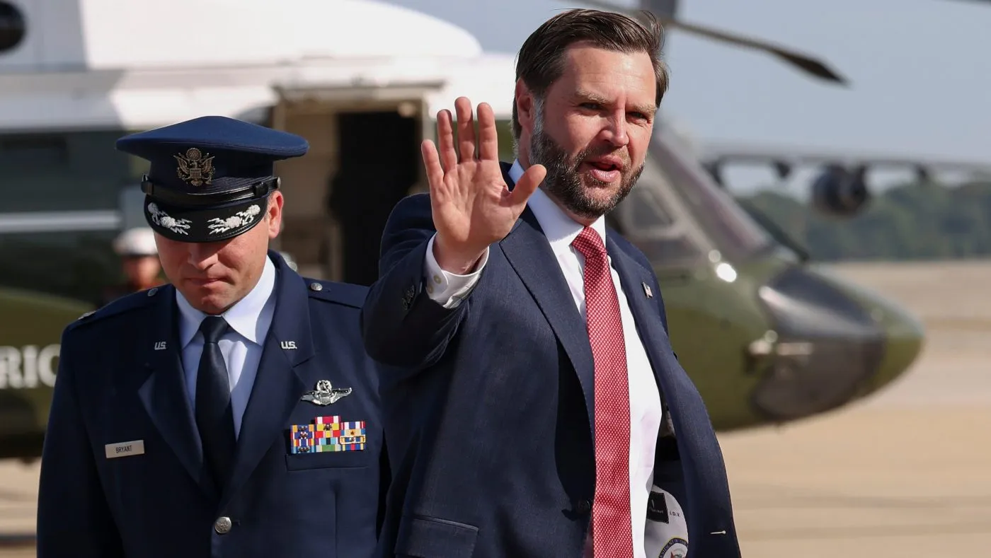 Vice President Vance gestures as he departs from Joint Base Andrews, Md., on Oct. 1, 2026.