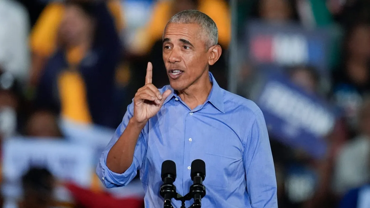 Former President Barack Obama speaks during a campaign rally on Oct. 24, 2024, in Clarkston, Ga.