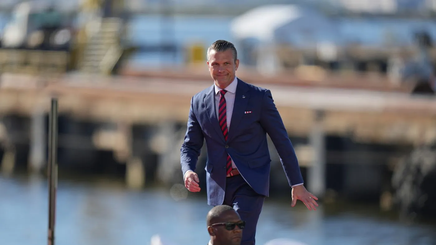 Defense Secretary Pete Hegseth arrives to speak at an event for Anduril Industries, Inc., at Sparrows Point Shipyard, Tuesday, Oct. 6, 2026, in Sparrows Point, Md. (AP Photo/Stephanie Scarbrough)