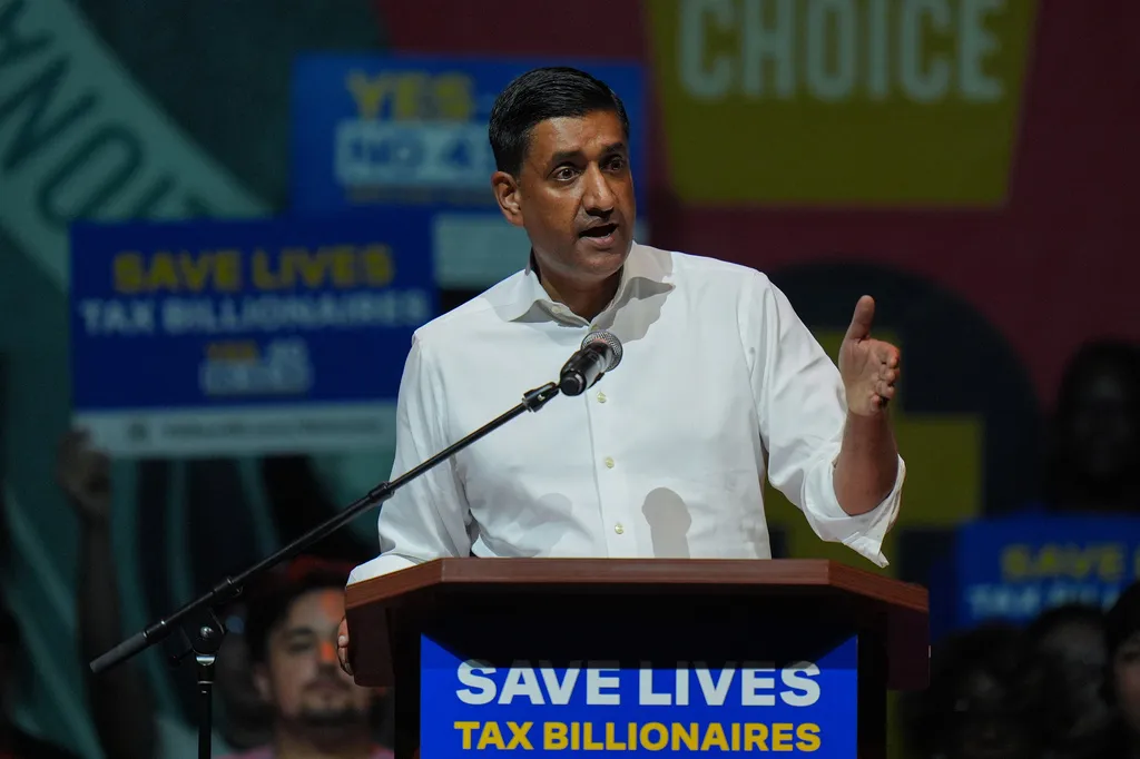 Rep. Ro Khanna, D-Calif., speaks at a campaign rally in support of California Proposition 40, known as the billionaire tax, in Los Angeles, Monday, Oct. 5, 2026. (AP Photo/Jae C. Hong)