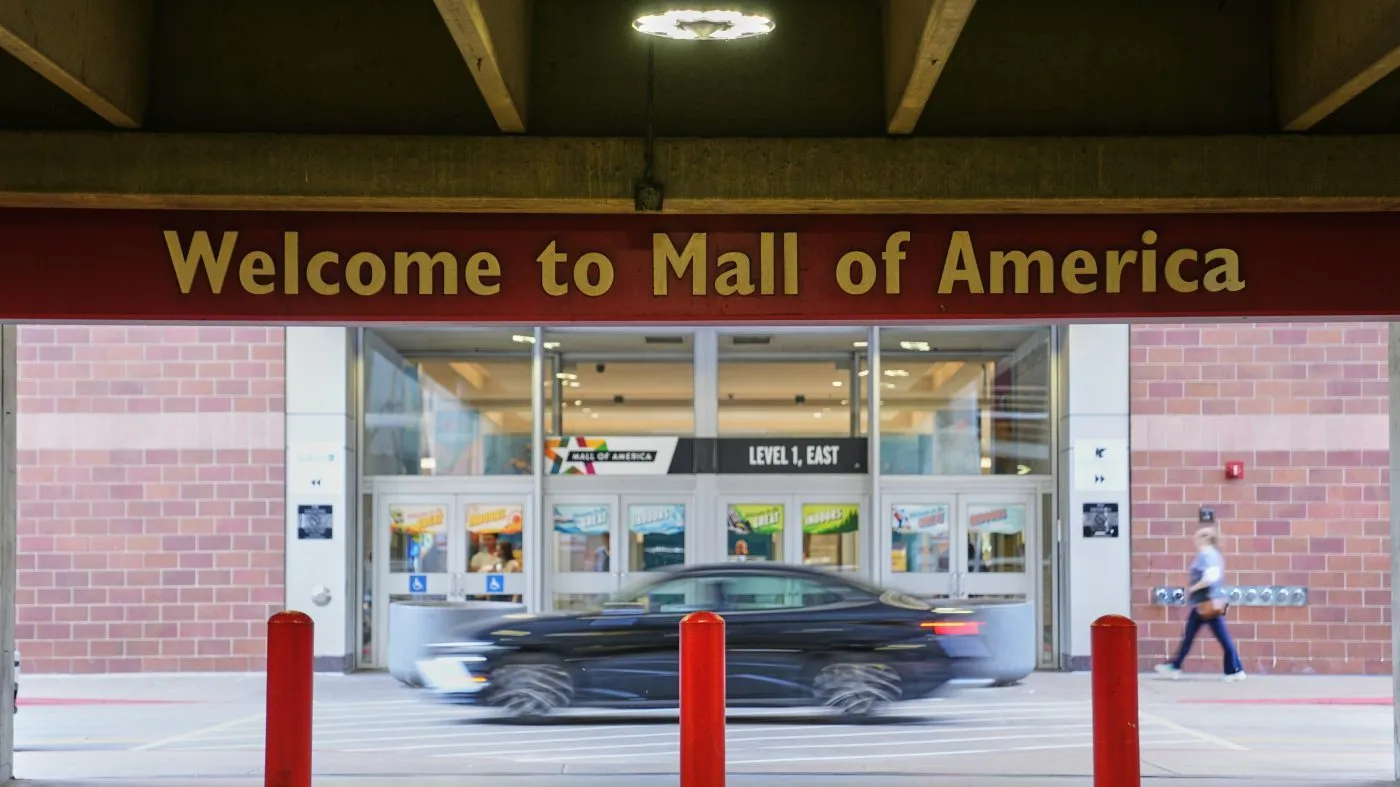 A vehicle passes an entrance to the Mall of America, Wednesday, Oct. 7, 2026, in Bloomington, Minn. (AP Photo/Ellen Schmidt)