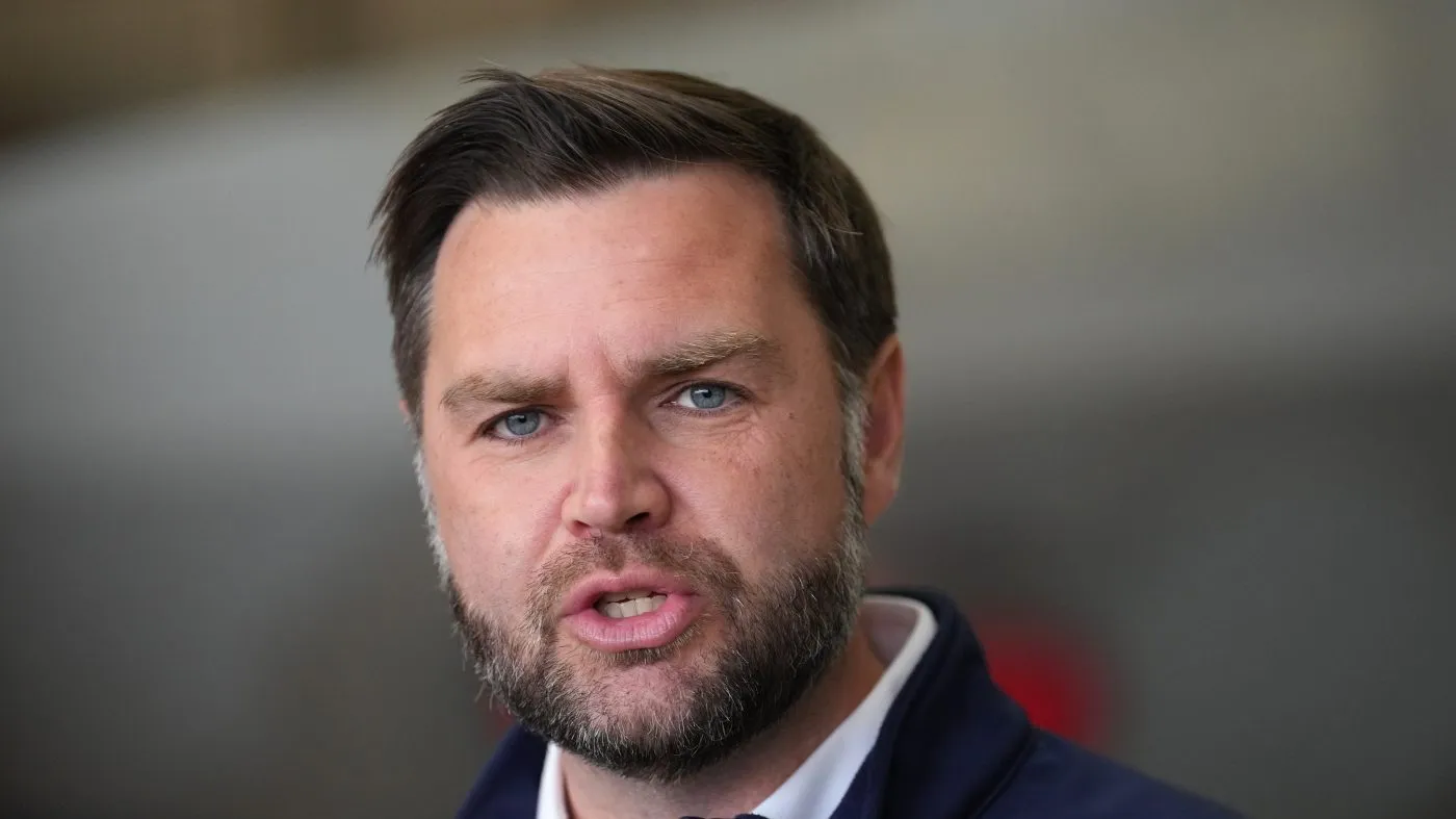 Vice President JD Vance speaks to reporters before boarding Air Force Two, at Elmendorf Air Force Base, Tuesday, Oct. 6, 2026, in Anchorage. (AP Photo/Jacquelyn Martin, Pool)