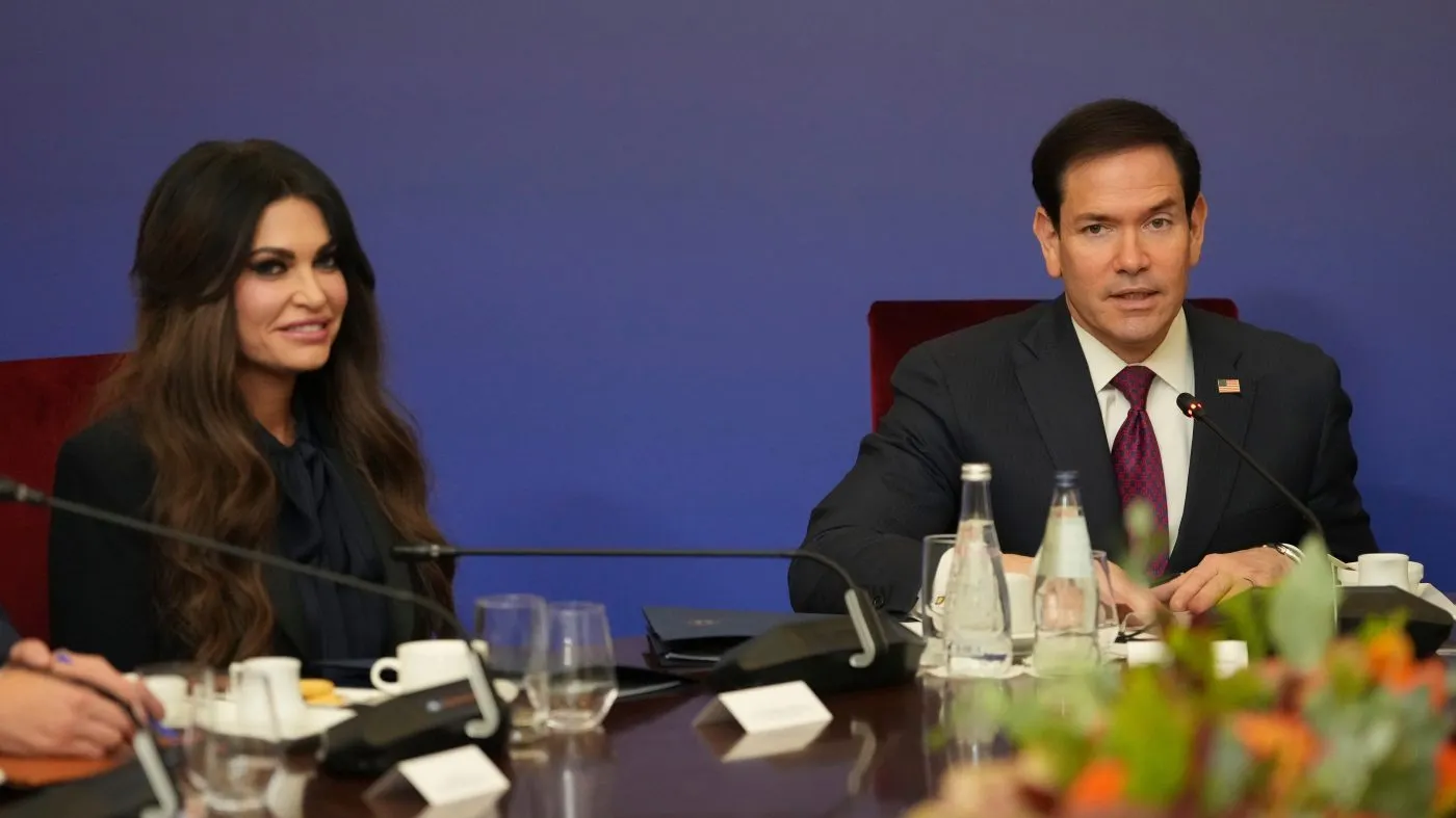 U.S. Secretary of State Marco Rubio speaks during the opening session of the U.S.-Greece Strategic Dialogue next to U.S. Ambassador to Greece Kimberly Guilfoyle at the Ministry of Foreign Affairs in Athens, on Oct. 7, 2026.