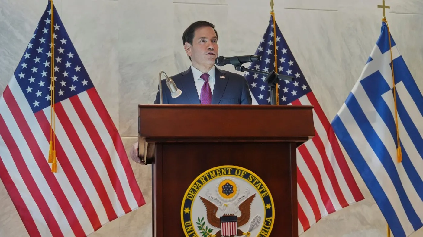 U.S. Secretary of State Marco Rubio speaks during a dedication ceremony at the chancery of the U.S. Embassy, Wednesday, Oct. 7, 2026, in Athens, Greece. (AP Photo/Mark Schiefelbein, Pool)
