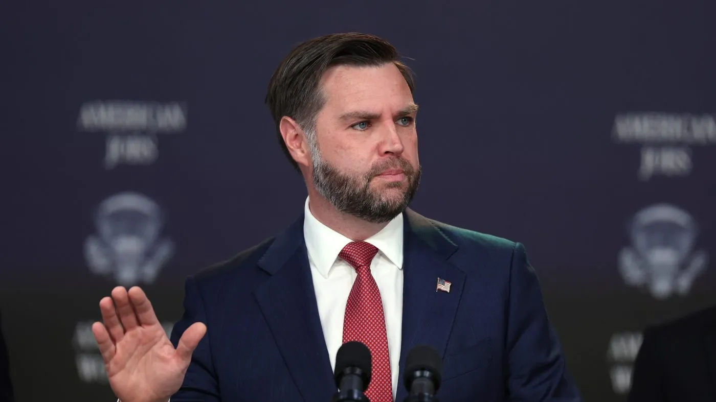 Vice President JD Vance speaks during a news conference on the Fraud Task Force inside the Eisenhower Executive Office Building on the White House campus, Thursday, Oct. 8, 2026, in Washington. (AP Photo/Tom Brenner)