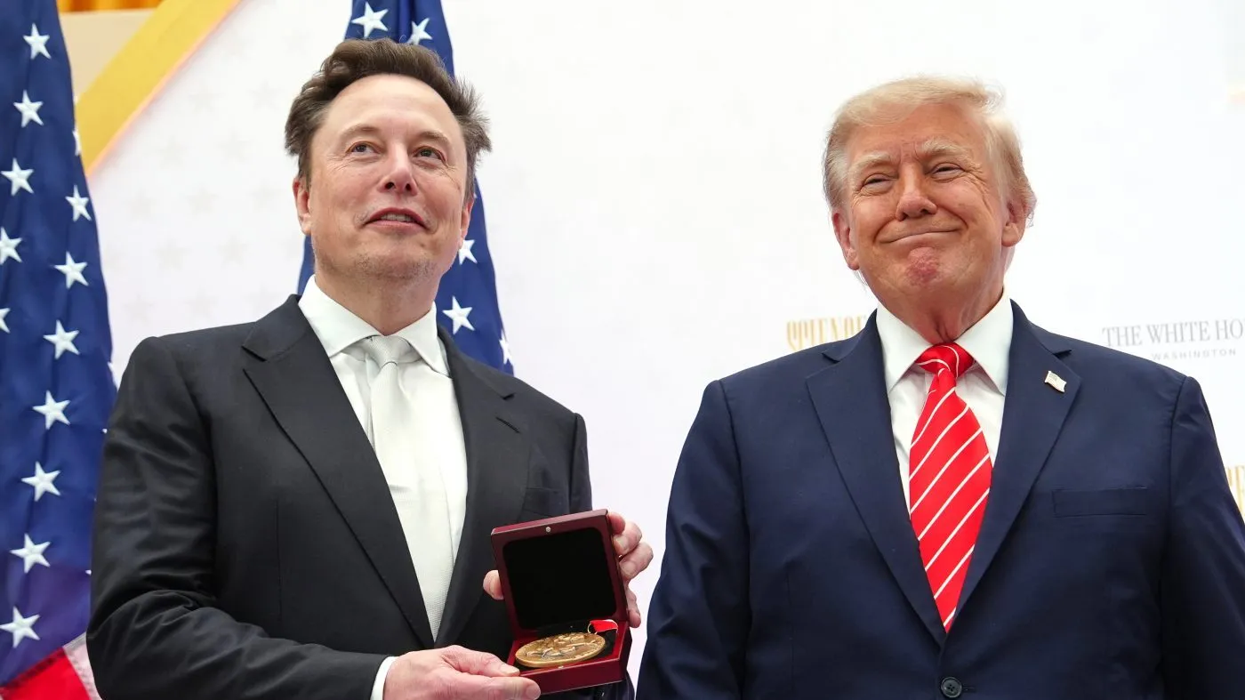 President Trump, right, presents the National Medal of Science to Elon Musk during an event at the U.S. Institute of Peace on Oct. 8, 2026, in Washington.