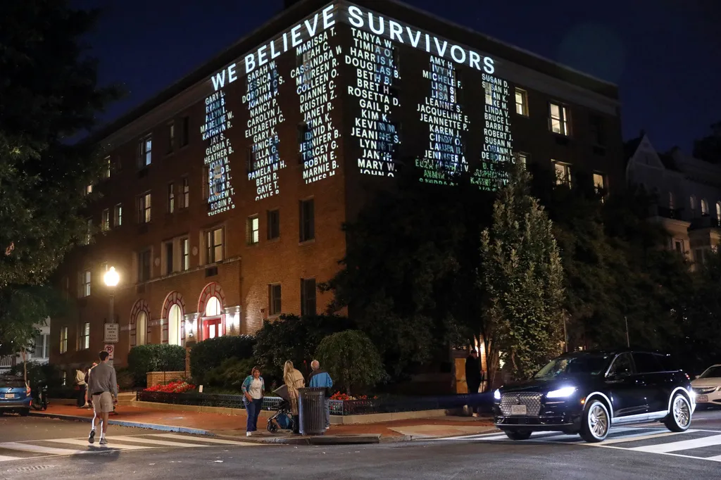 A message is projected on the side of a Cornell University building, Wednesday, Oct. 7, 2026, in Washington. (AP Photo/Rahmat Gul)