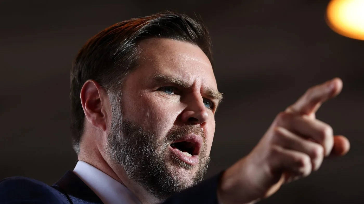 Vice President JD Vance speaks at a rally at the Allen County Regional Airport, Friday, Oct. 9, 2026 in Lima, Ohio. (Samuel Corum/Pool Photo via AP)