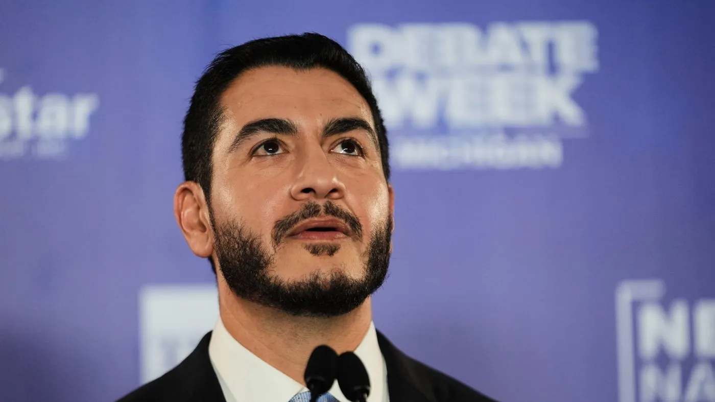 Democratic nominee for U.S. Senate Abdul El-Sayed talks to the media after a televised debate with Republican nominee for U.S. Senate Mike Rogers at WOOD-TV, on Oct. 8, 2026, in Grand Rapids, Mich.