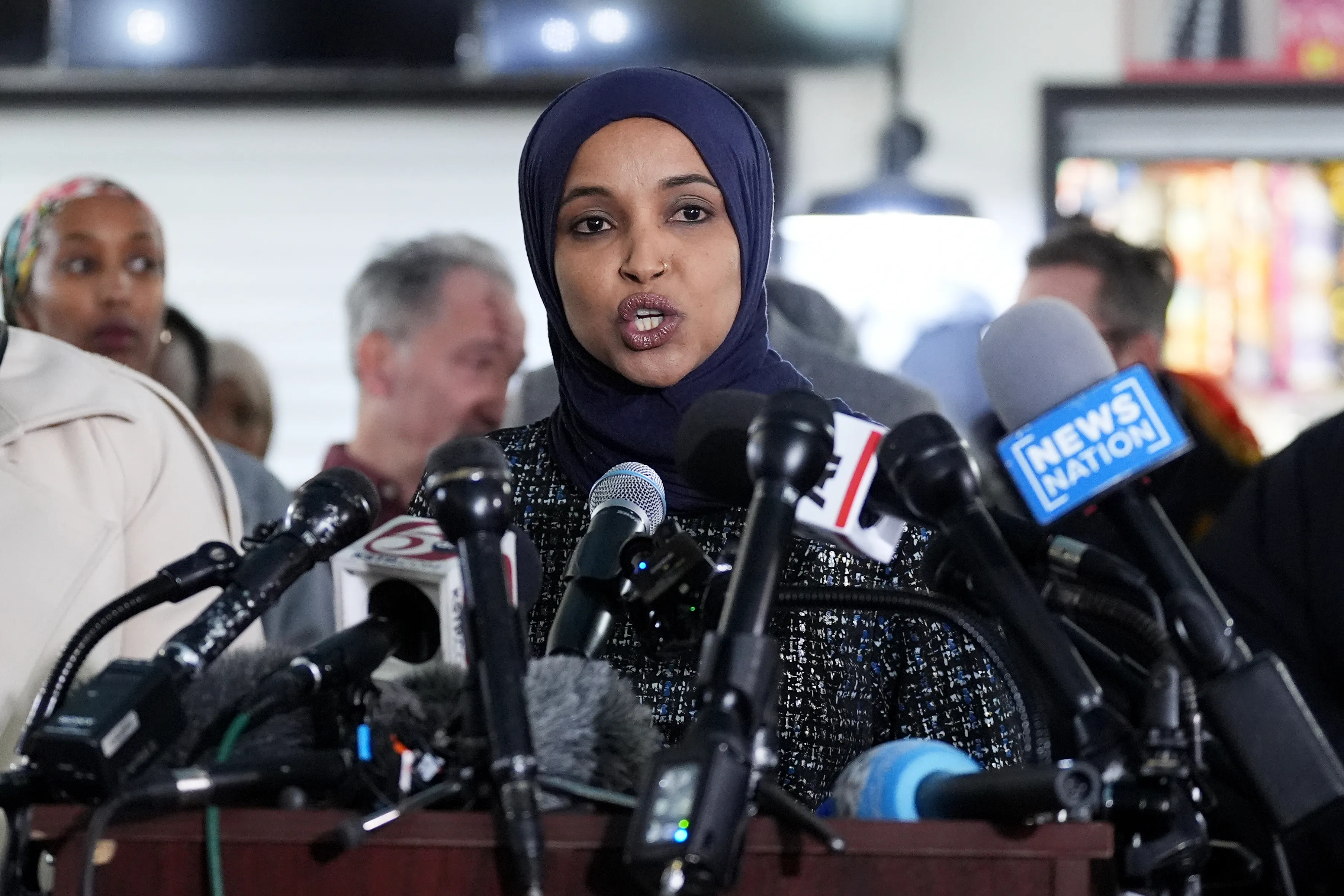 FILE – Rep. Ilhan Omar, D-Minn., speaks during a news conference on Jan. 28, 2026, in Minneapolis. (AP Photo/Adam Gray, File)