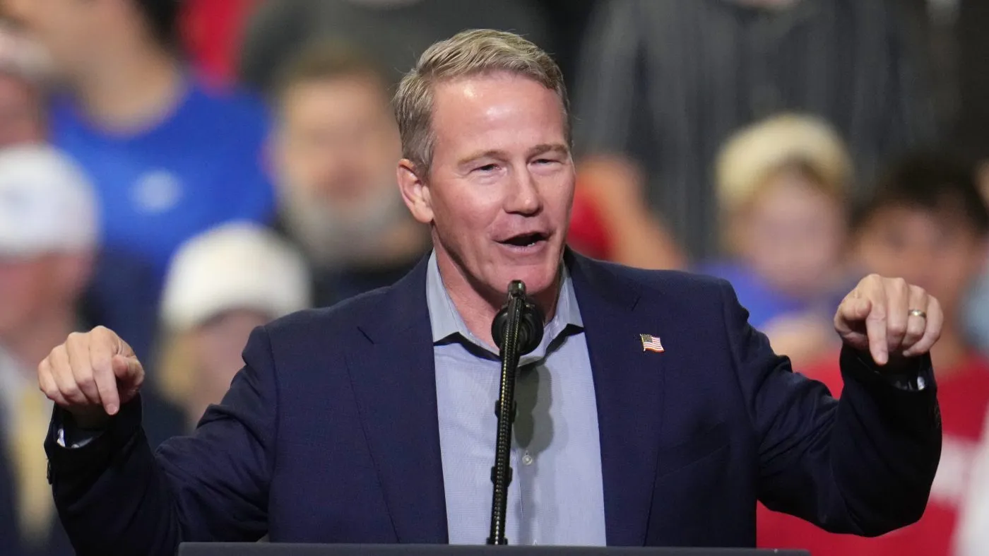 Sen. Jon Husted, R-Ohio, speaks before President Donald Trump arrives at a campaign rally at the Covelli Centre in Youngstown, Ohio, Monday, Oct. 12, 2026. (AP Photo/Gene Puskar)