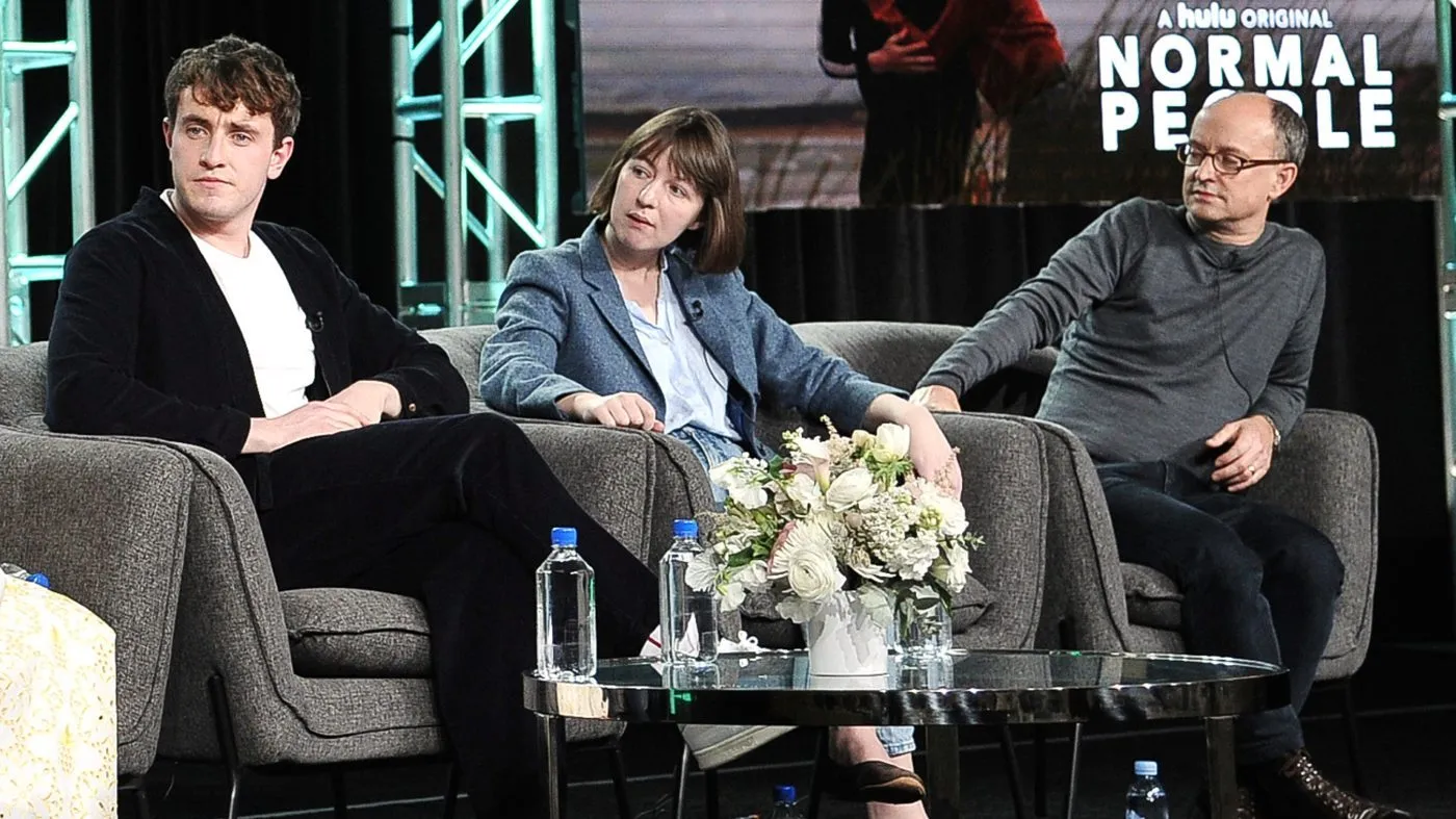 From left, Paul Mescal, Sally Rooney and Ed Guiney participate in Hulu’s “Normal People” panel during the Winter 2020 Television Critics Association Press Tour on Jan. 17, 2020, in Pasadena, Calif.