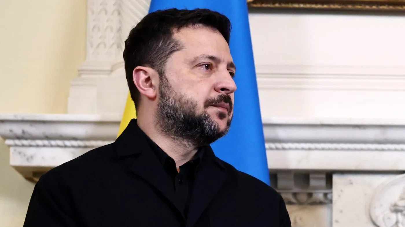 Ukrainian President Volodymyr Zelenskyy at 10 Downing Street, in London, Wednesday Oct. 14, 2026. (Henry Nicholls/Pool Photo via AP)