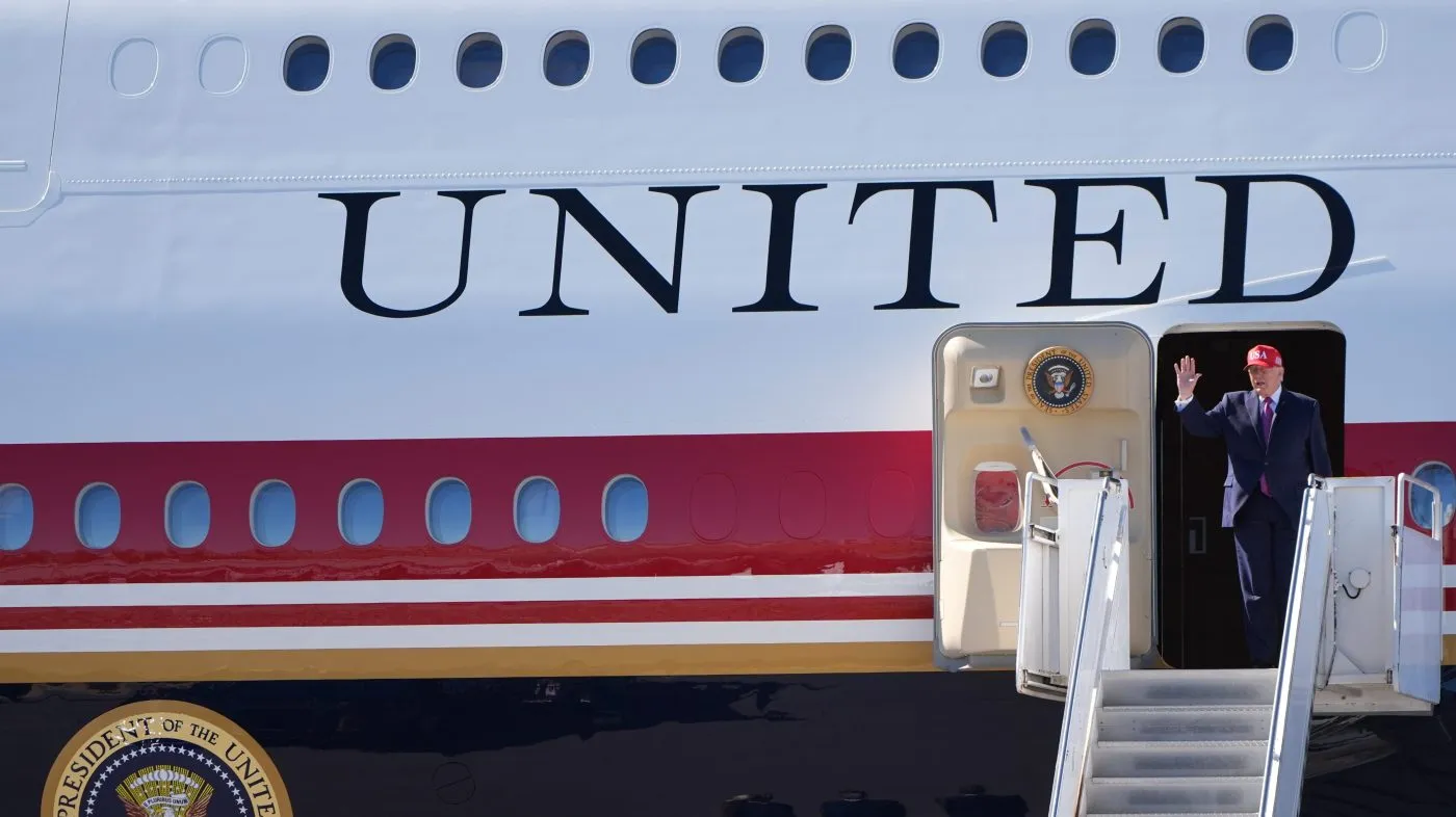 President Trump arrives on Air Force One at Laughlin Bullhead International Airport for a campaign rally, Oct. 14, 2026, in Bullhead, Ariz.