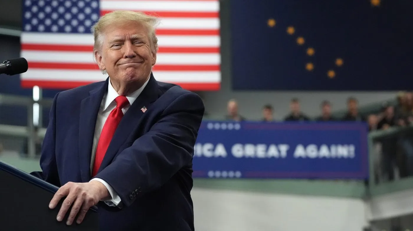 President Donald Trump speaks at a campaign rally at the Curtis D. Menard Memorial Sports Center, Tuesday, Oct. 13, 2026, in Wasilla, Alaska. (AP Photo/Alex Brandon)