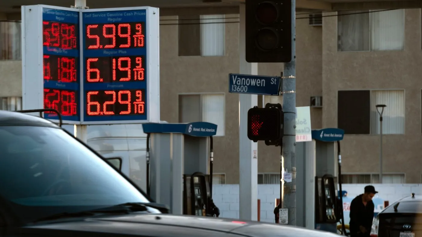 Gas prices are displayed on a gas station in Los Angeles on Tuesday, Oct. 13, 2026. (AP Photo/Richard Vogel)