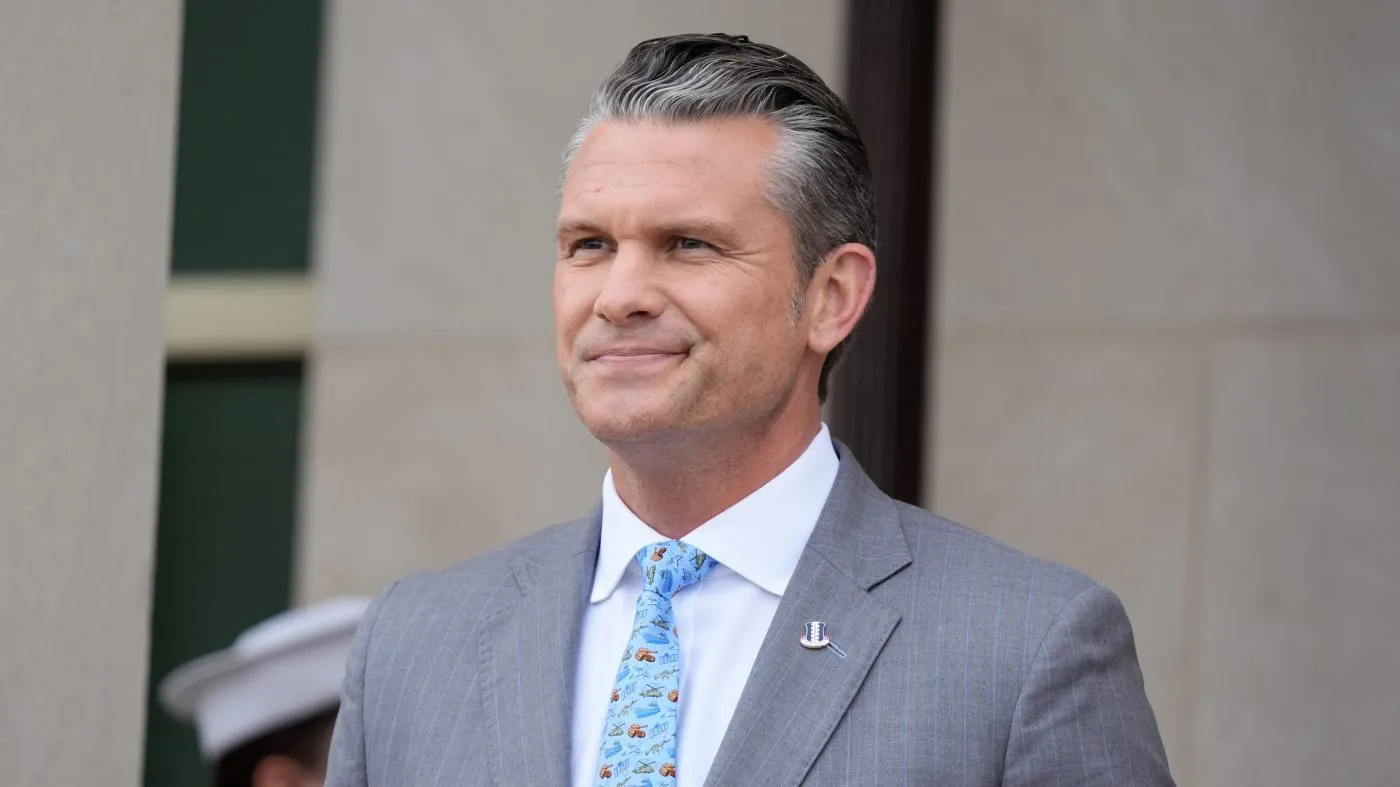 Secretary of Defense Pete Hegseth waits to welcome Britain’s Defense Secretary Wes Streeting to the Pentagon during an arrival ceremony, Thursday, Oct 15, 2026, in Washington.