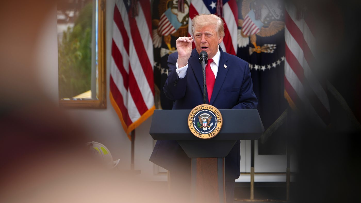 President Trump speaks in the Rose Garden of the White House during an event for first responders, Oct. 15, 2026, in Washington.