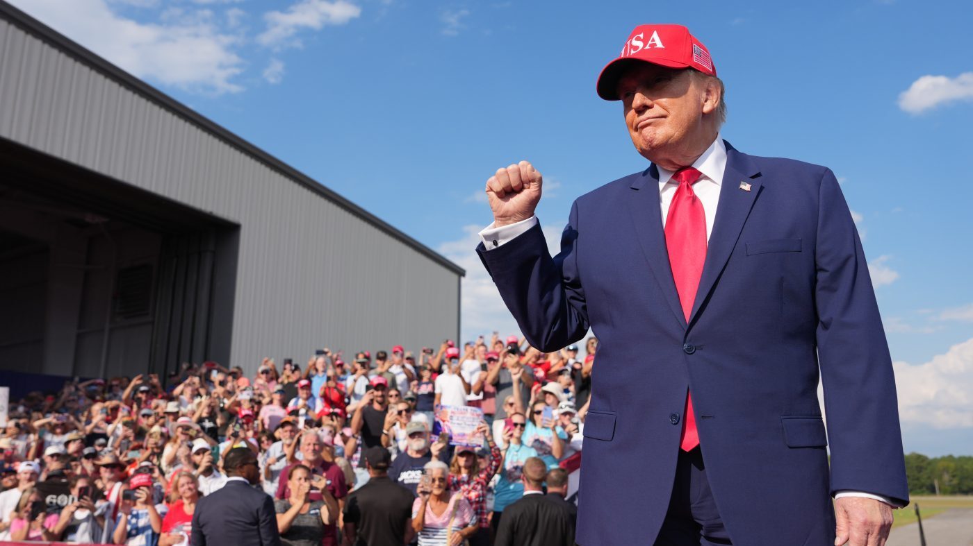 President Donald Trump arrives at a campaign rally at Dalton Municipal Airport, Friday, Oct. 16, 2026, in Dalton Ga. (AP Photo/Mark Schiefelbein)