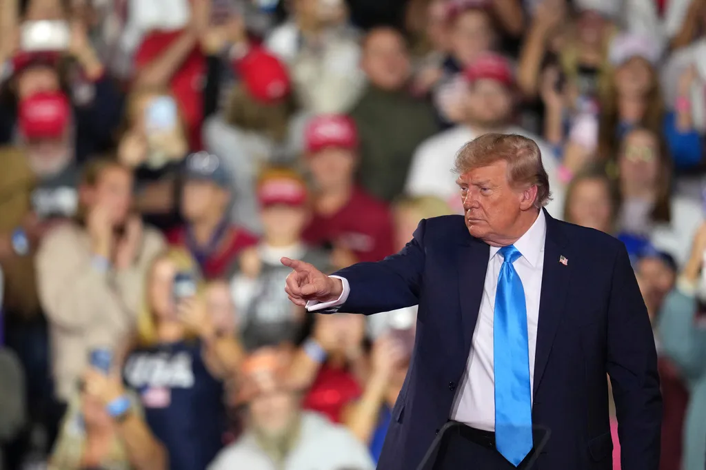 President Donald Trump departs a campaign rally at Truist Arena, Saturday, Oct. 17, 2026, in Highland Heights, Ky. (AP Photo/Jeff Dean)