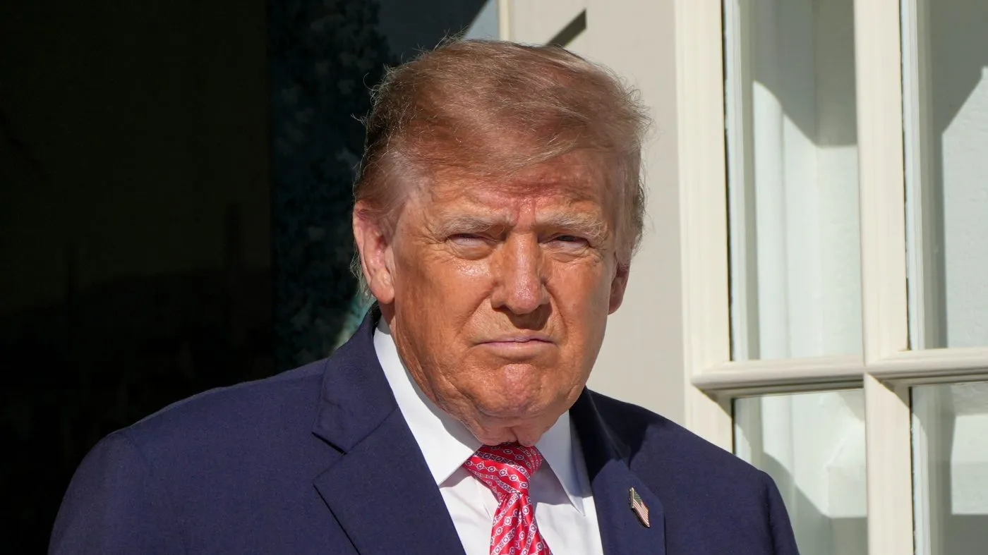 President Trump walks to speak with reporters before departing on Marine One from the South Lawn of the White House, Oct. 19, 2026, in Washington.