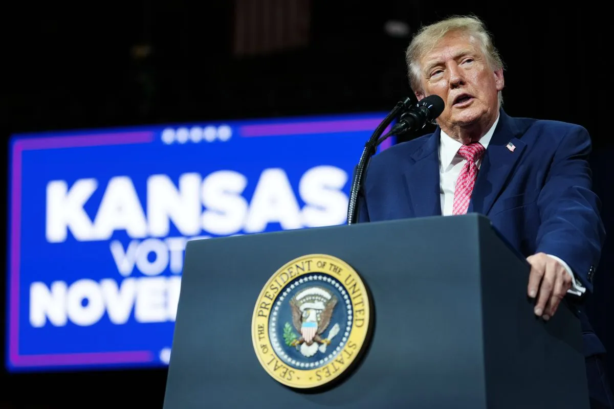 President Donald Trump speaks at a campaign rally at Heartland Credit Union Arena, Monday, Oct. 19, 2026, in Park City, Kan. (AP Photo/Julia Demaree Nikhinson)