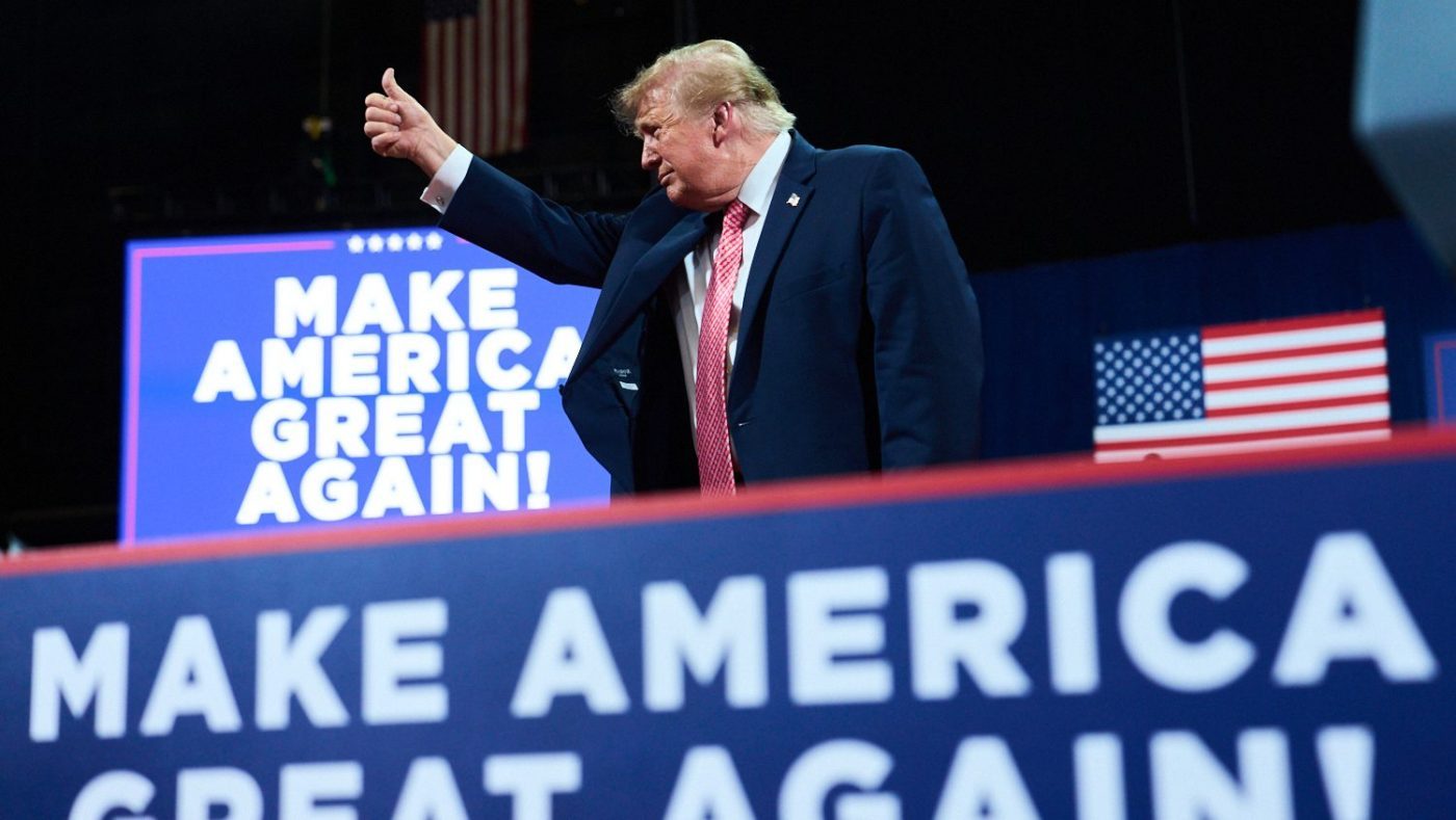 President Donald Trump gives a thumbs up after speaking during a campaign rally at Heartland Credit Union Arena, Monday, Oct. 19, 2026, in Park City, Kan. (AP Photo/Julia Demaree Nikhinson)