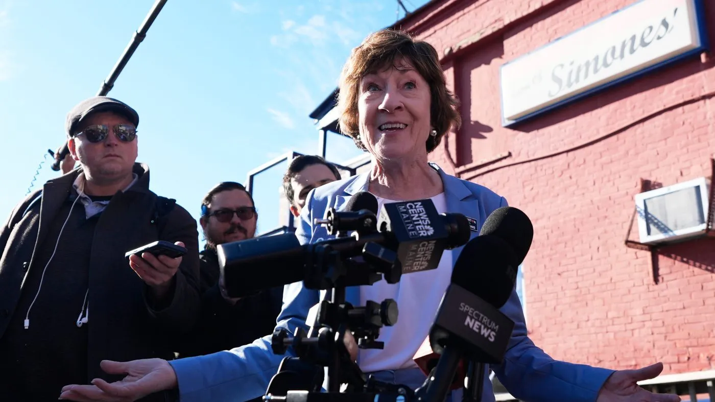 Sen. Susan Collins (R-Maine) speaks to reporters following a campaign stop on Oct. 21, 2026, in Lewiston, Maine.