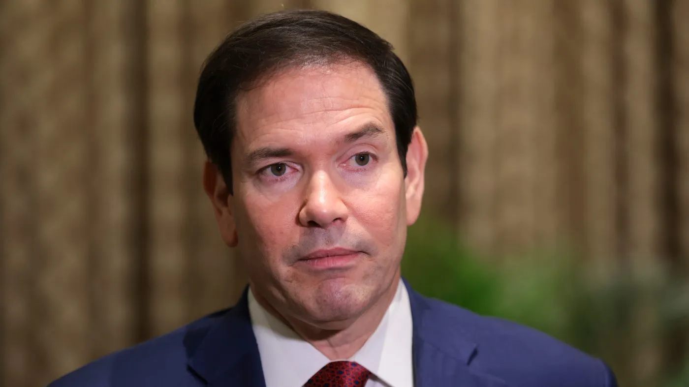 U.S. Secretary of State Marco Rubio looks on as he speaks with members of the media at the Taj Mahal Palace hotel in Mumbai, India, Wednesday, Oct. 21, 2026. (Kylie Cooper/Pool Photo via AP)