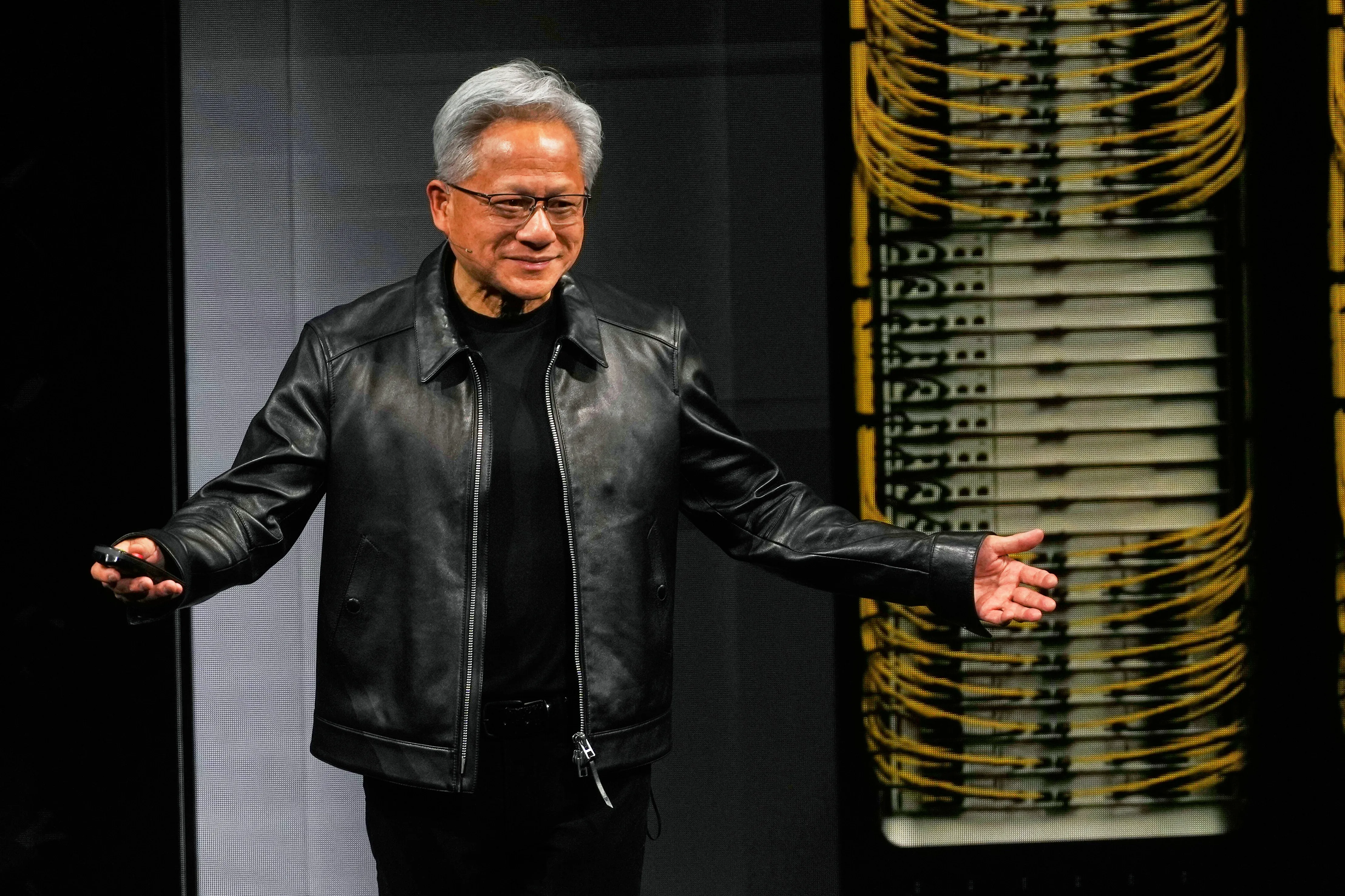Nvidia CEO Jensen Huang delivers his keynote on the company’s GTC event in Berlin, Germany, Wednesday, Oct. 21, 2026. (AP Photo/Markus Schreiber)
