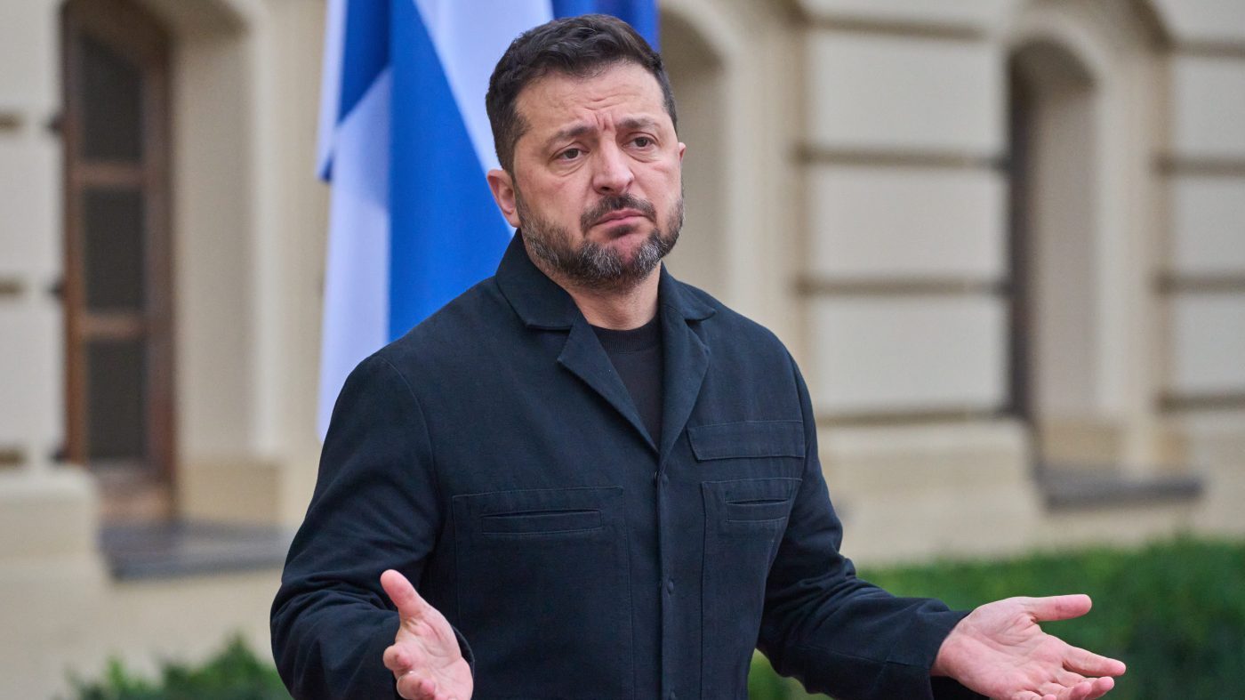 Ukraine’s President Volodymyr Zelensky answers media questions before his meeting with Finnish Prime Minister Petteri Orpo in Kyiv, Ukraine, on Oct. 22, 2026.