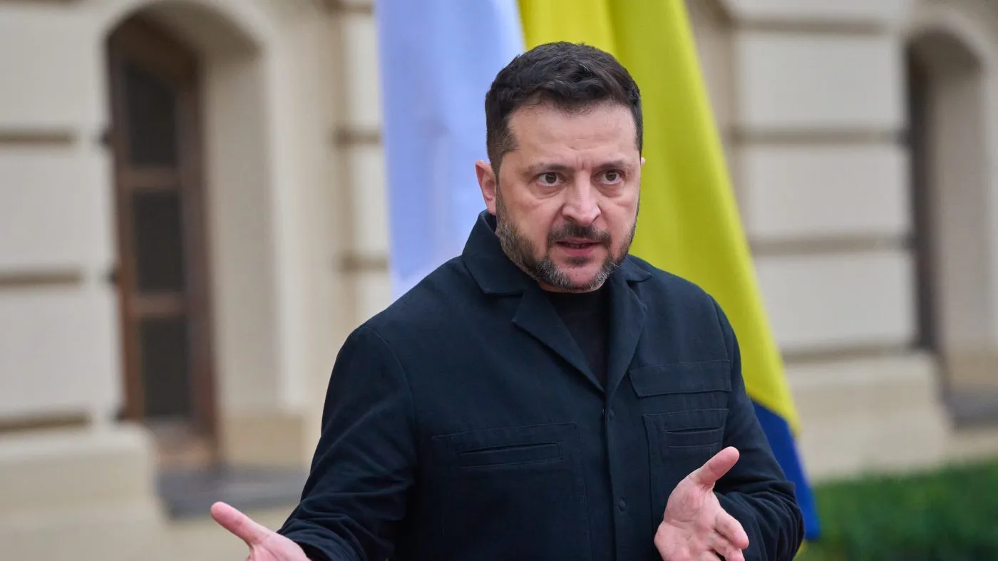 Ukraine’s President Volodymyr Zelenskyy answers media questions before his meeting with Finnish Prime Minister Petteri Orpo in Kyiv, Ukraine, Thursday Oct. 22, 2026. (AP Photo/Efrem Lukatsky)