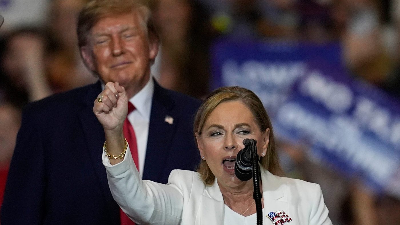 Sen. Darline Graham (R-S.C.) speaks as President Trump looks on at a campaign rally at the T. Ed Garrison Livestock Arena and Expo Center, Oct. 21, 2026, in Pendleton, S.C.