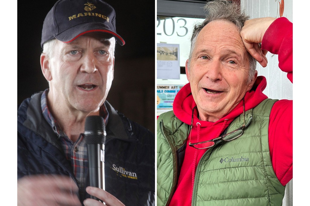 This combination photo shows Sen. Dan Sullivan, R-Alaska, left, in Palmer, Alaska, Aug. 17, 2026, and a candidate in Alaska’s Senate race, Dan Sullivan, right, in Petersburg, Alaska, July 3, 2026. (AP Photos/Mark Thiessen/Becky Bohrer)