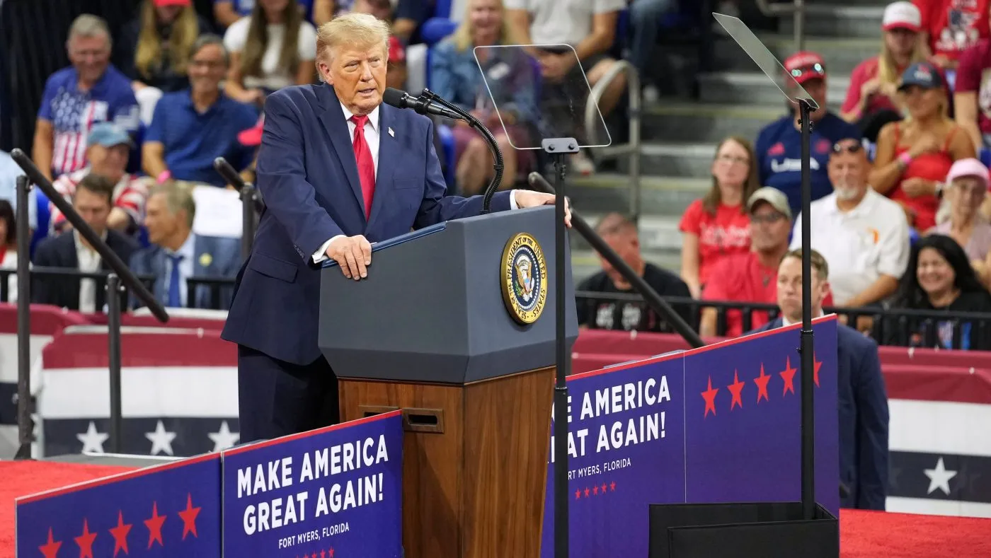 President Trump speaks at a campaign rally at Alico Arena on the campus of Florida Gulf Coast University on Oct. 23, 2026, in Fort Myers, Fla.