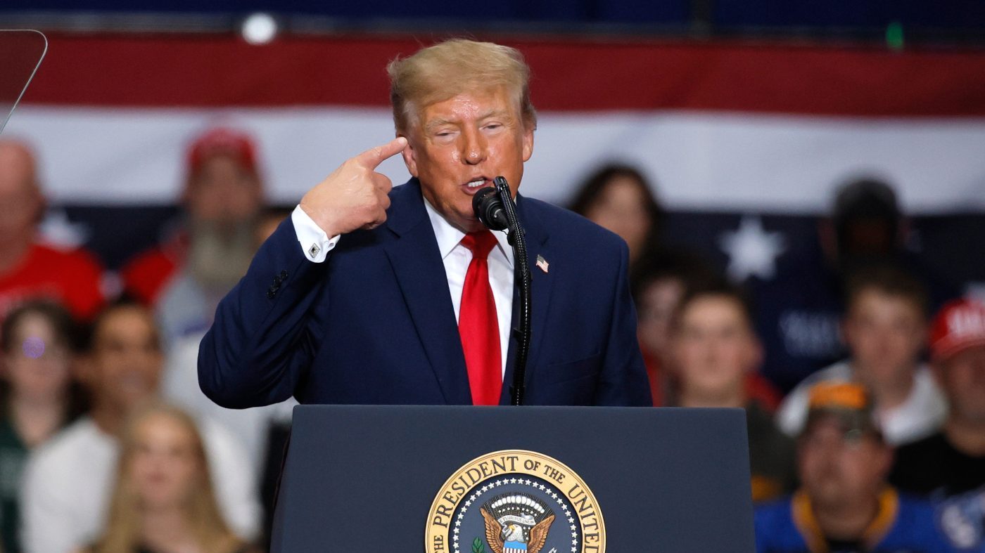 President Trump speaks during a campaign rally at McMorran Place Arena in Port Huron, Mich., Oct. 25, 2026.